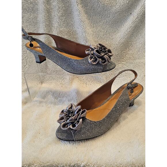 J.‎ Renee Leonelle Gray Glitter Flower Slingback Kitten Heels Women Size 10WW - Picture 1 of 7